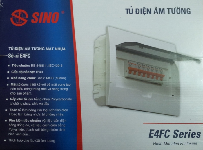 Tủ điện âm tường Sino mặt nhựa chống cháy chứa 4-8 module (E4FC 4/8)